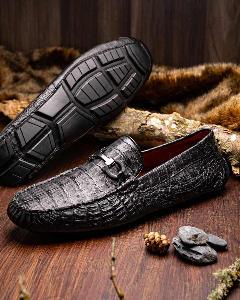 Marco Di Milano Parma Black Caiman Belly Bit Driving Loafers