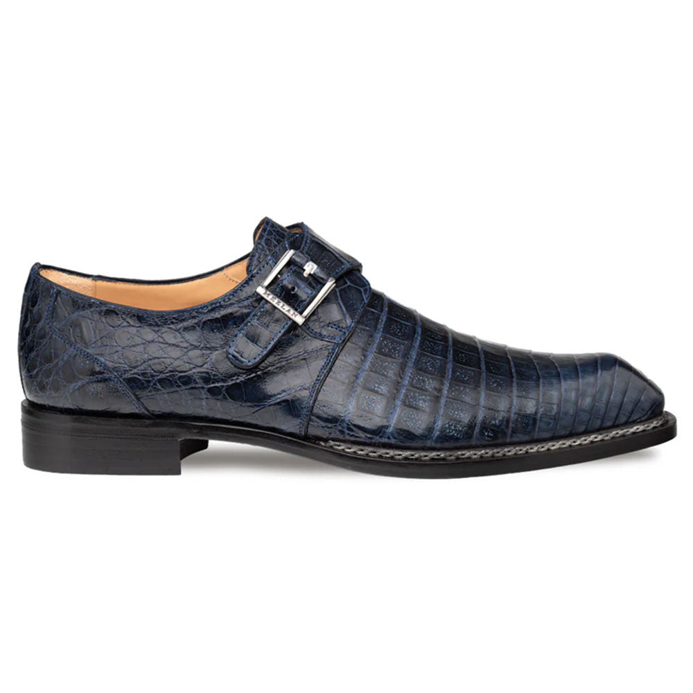Mezlan Gigolo Blue Genuine Crocodile Monk Strap - Men's Braided Welt Exotic Dress Shoe Handmade in Spain
