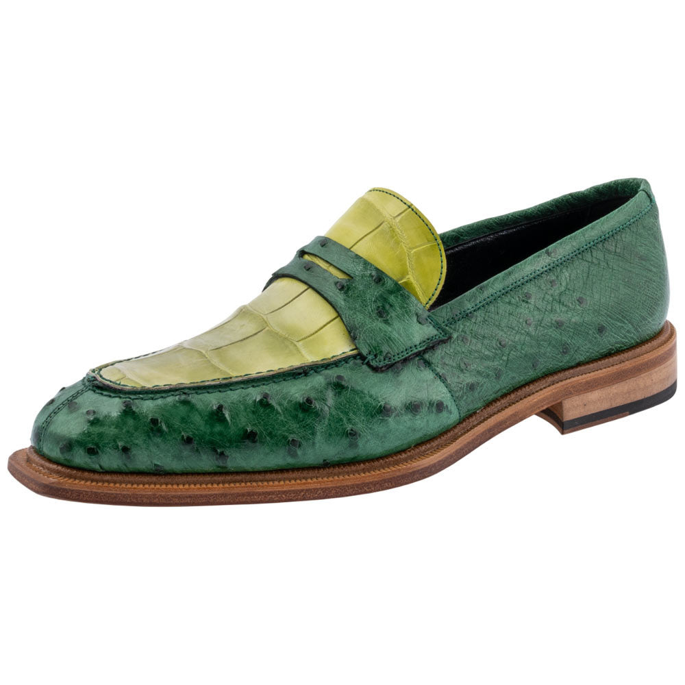 MAURI Shoes Men’s Exotic Dress Shoe Cyprus Alligator & Crispy Green Ostrich Quill Leather Luxury Loafer