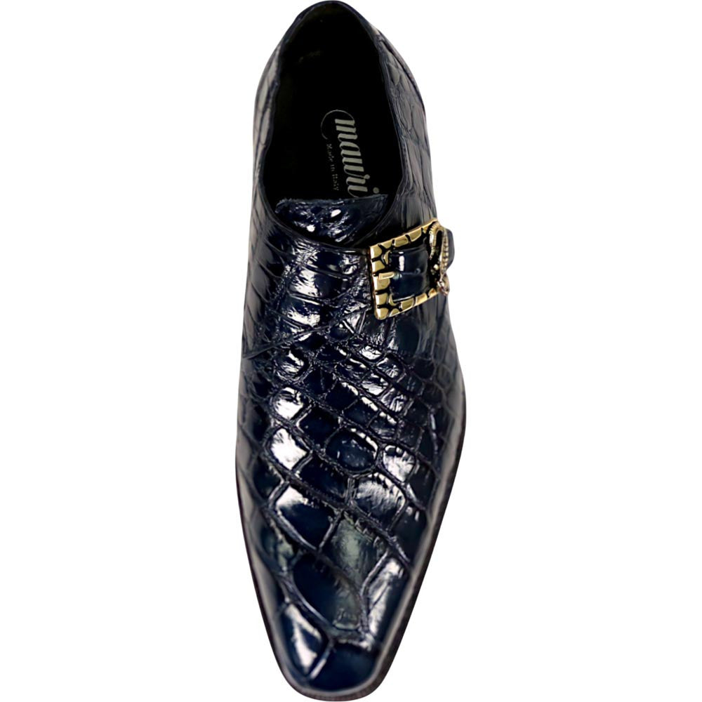 Mauri Shadow Men's Wonder Blue Exotic Alligator Single Monk-Strap Shoes