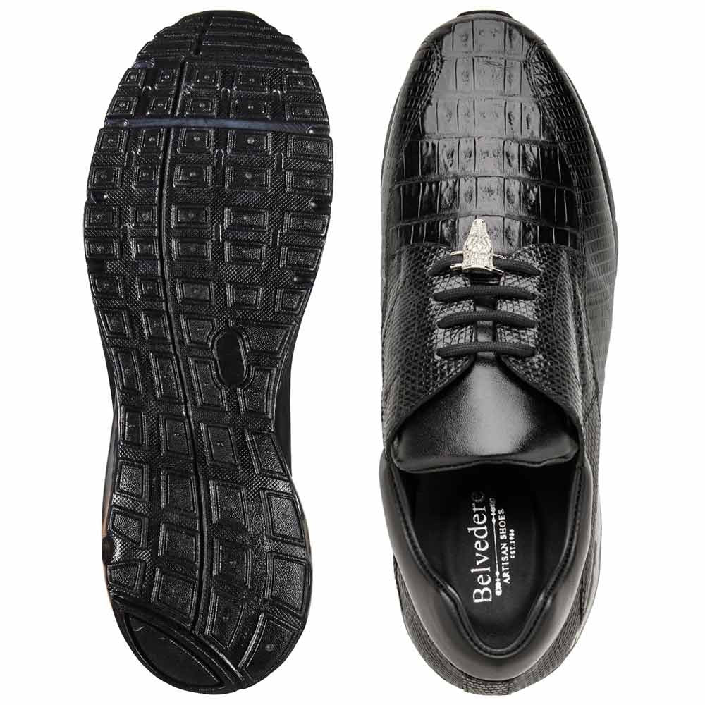 Belvedere Men’s Lazaro Genuine Caiman & Lizard Skin Black Sport Sneaker