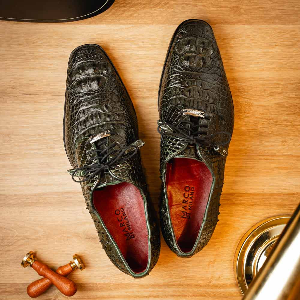 Nilo Fully Wrapped Genuine Nile Crocodile Skin Dress Derby | Marco Di Milano Exotic Dress Shoes in Green