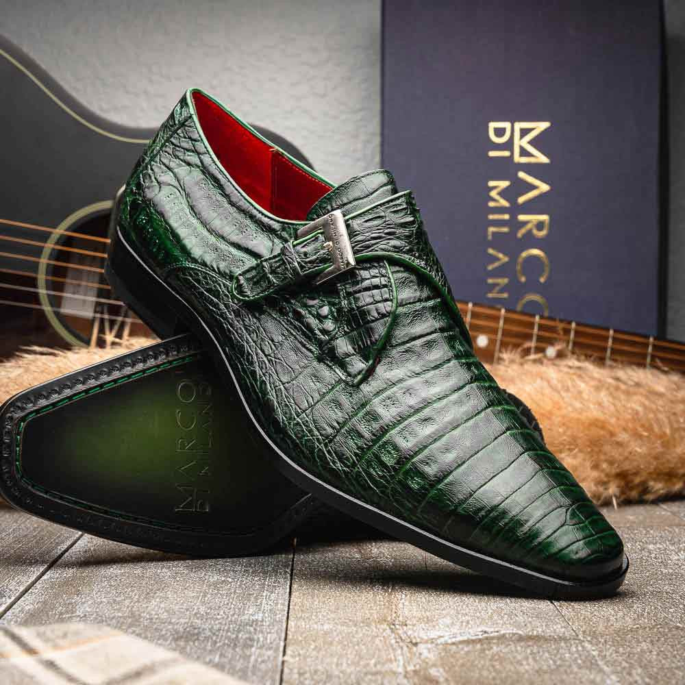 Rovigo Green Men’s Genuine Caiman Crocodile Skin Monk Strap | Marco Di Milano