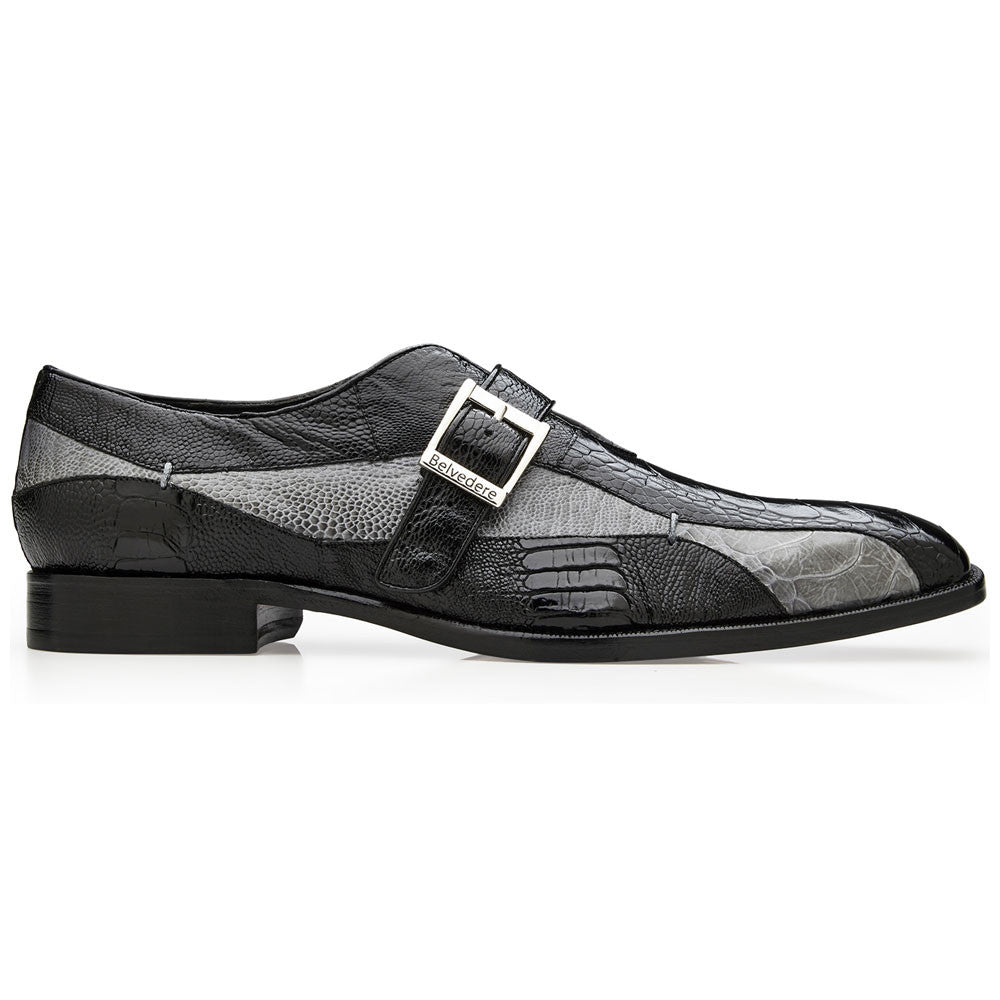 Belvedere Marte Black/Grey Genuine Ostrich Leg Monk Strap Shoe (USA Men Size)