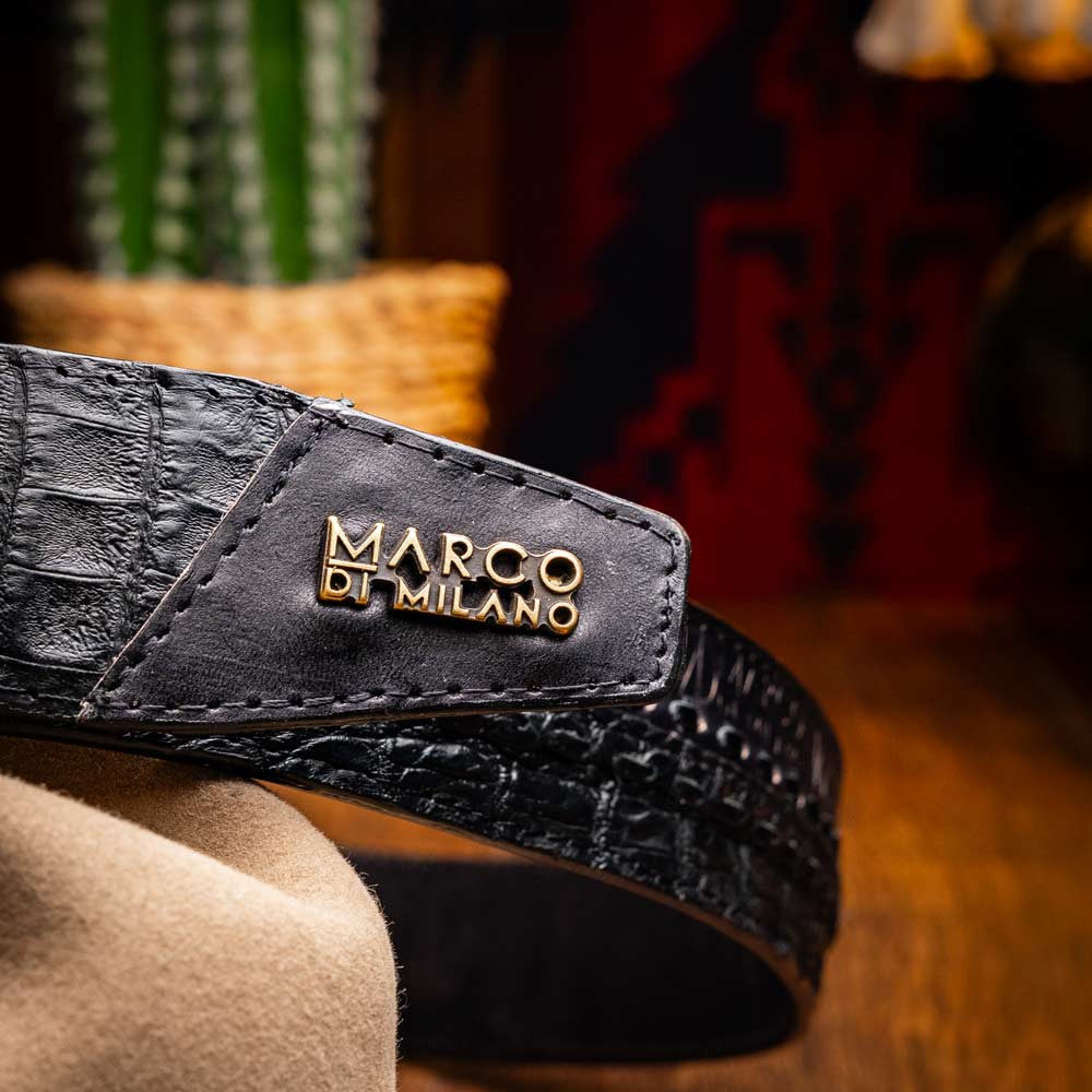 Montana Genuine Caiman Crocodile Skin Belt in Black with Antique Western Buckle | Marco Di Milano Exotic Belt