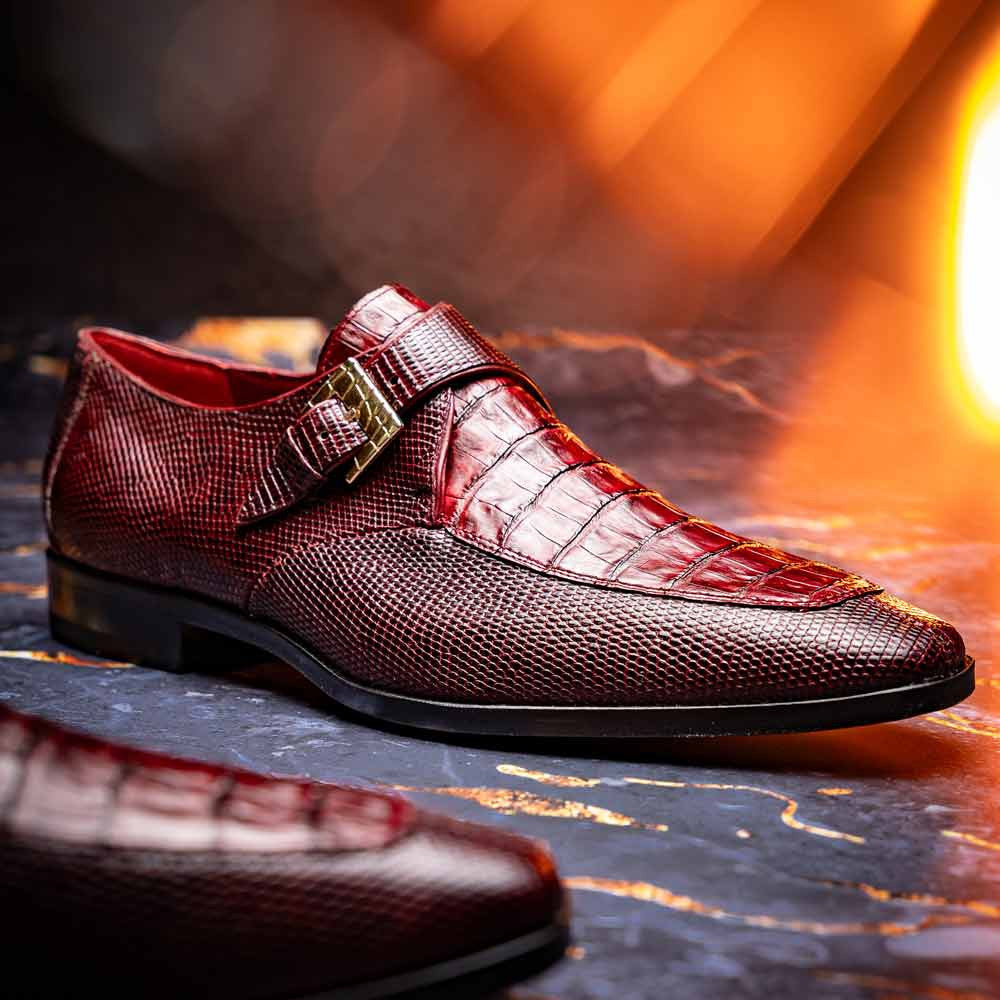 Toluca Genuine Crocodile and Lizard Skin Wine Monk Strap | Marco Di Milano