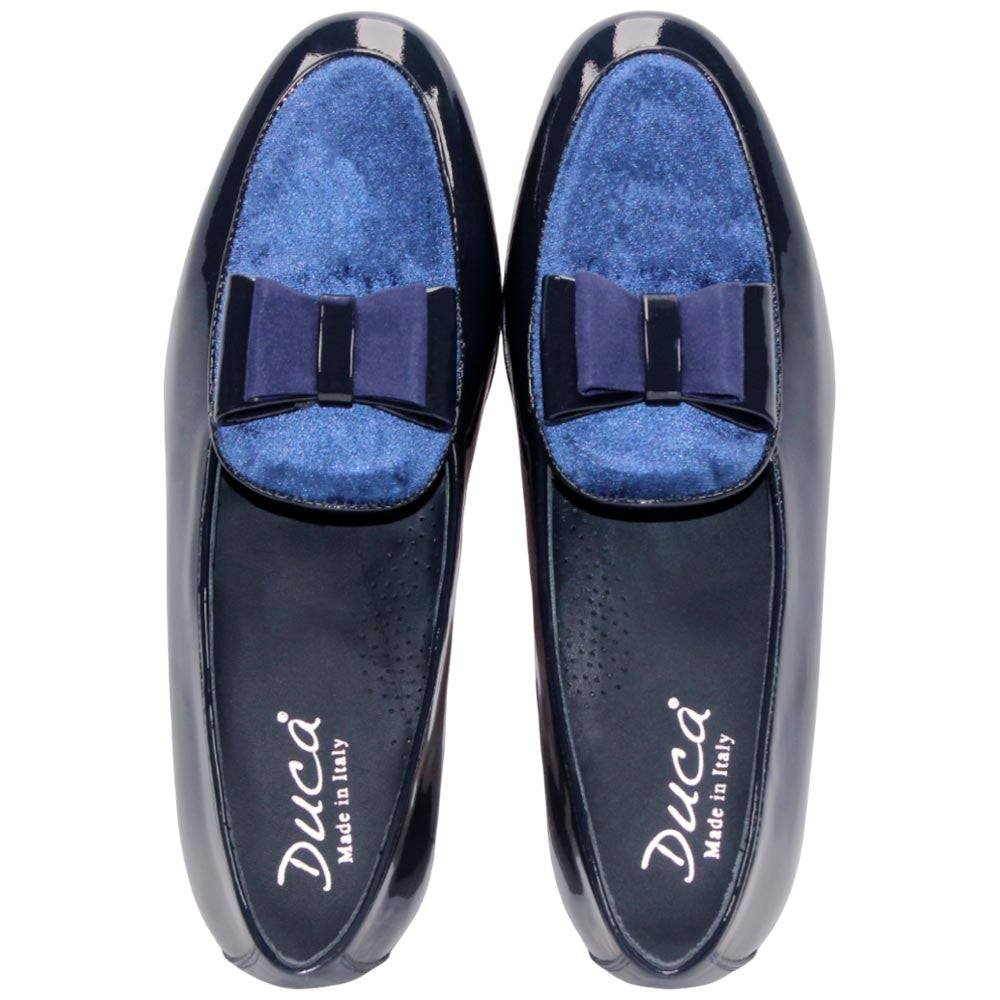 Amalfi Navy Velvet & Patent Leather Slip on | Duca Bow Dress Loafers