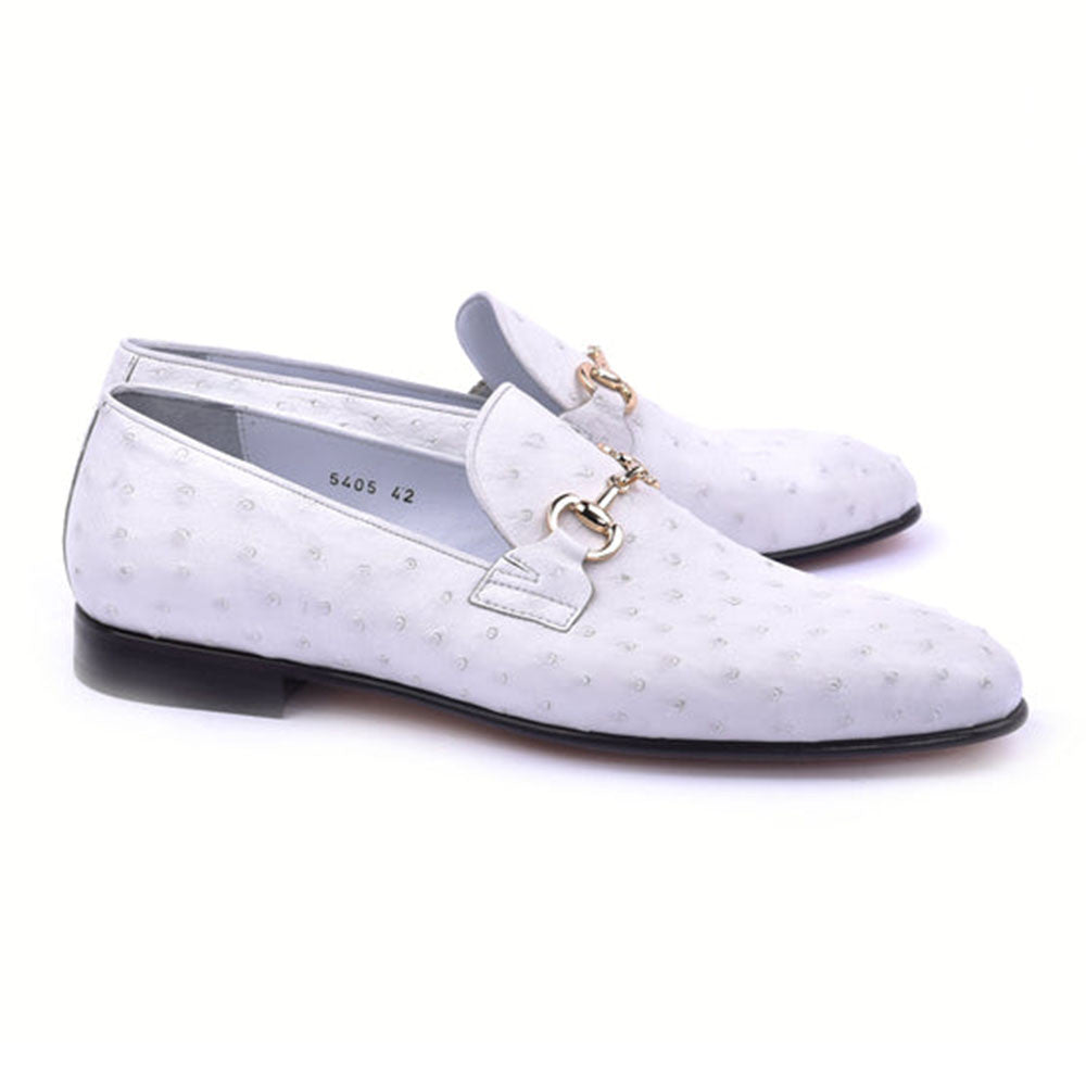 CORRENTE Genuine Ostrich Leather Round Toe Horse Bit White Loafer