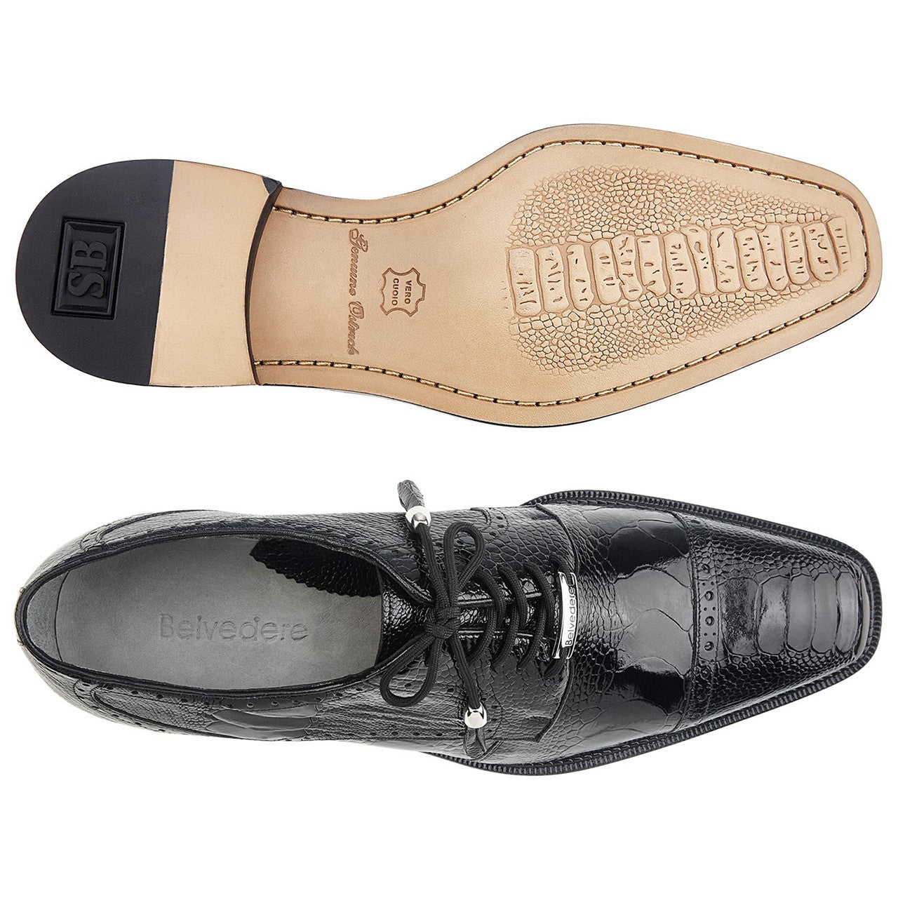 Belvedere Batta Black Men's Genuine Ostrich Cap Toe Lace Up Shoes