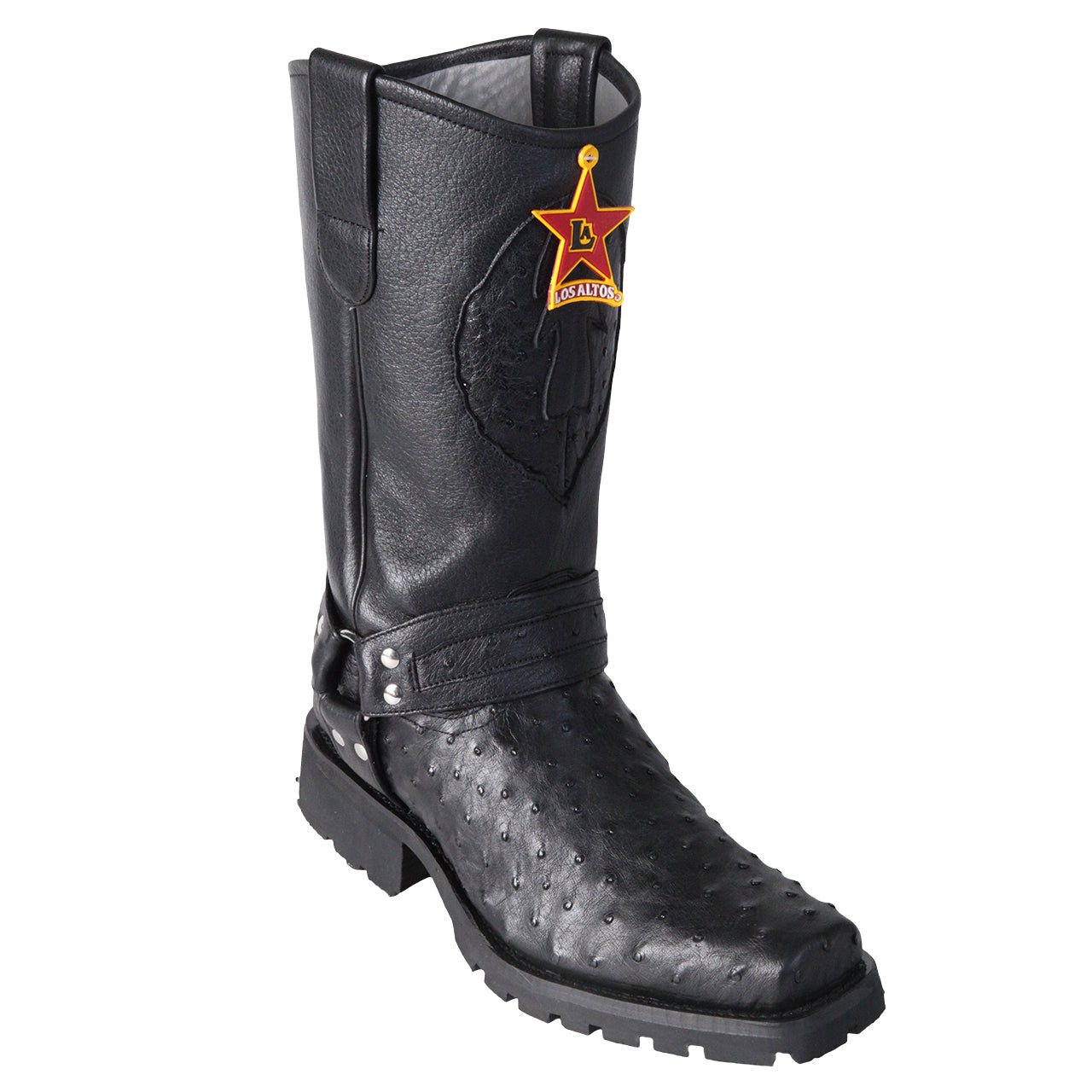 Los Altos Black Genuine Ostrich Biker Boots