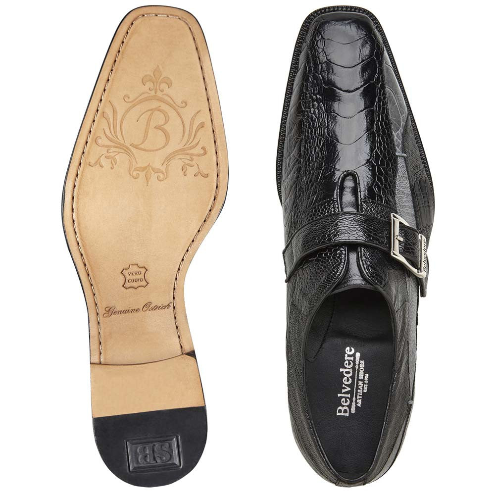 Belvedere Marte Black/Grey Genuine Ostrich Leg Monk Strap Shoe (USA Men Size)