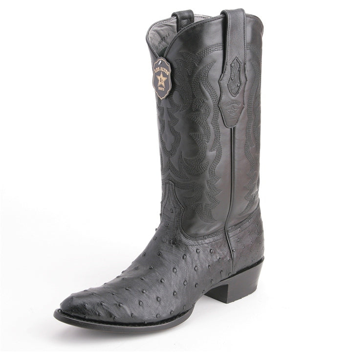 Los Altos Black Round Toe Genuine Ostrich Skin Boots