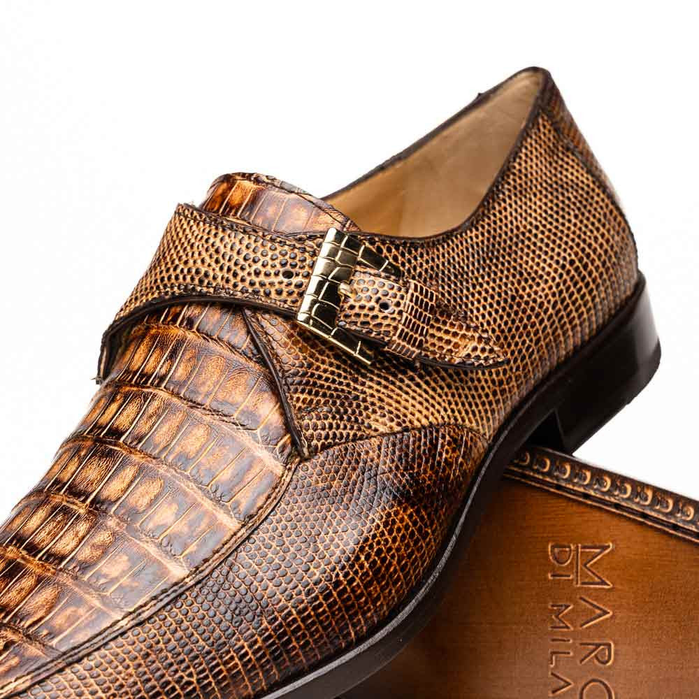 Toluca Genuine Crocodile and Lizard Skin Monk Strap | Marco Di Milano Exotic Dress Shoes in Rustic Orix