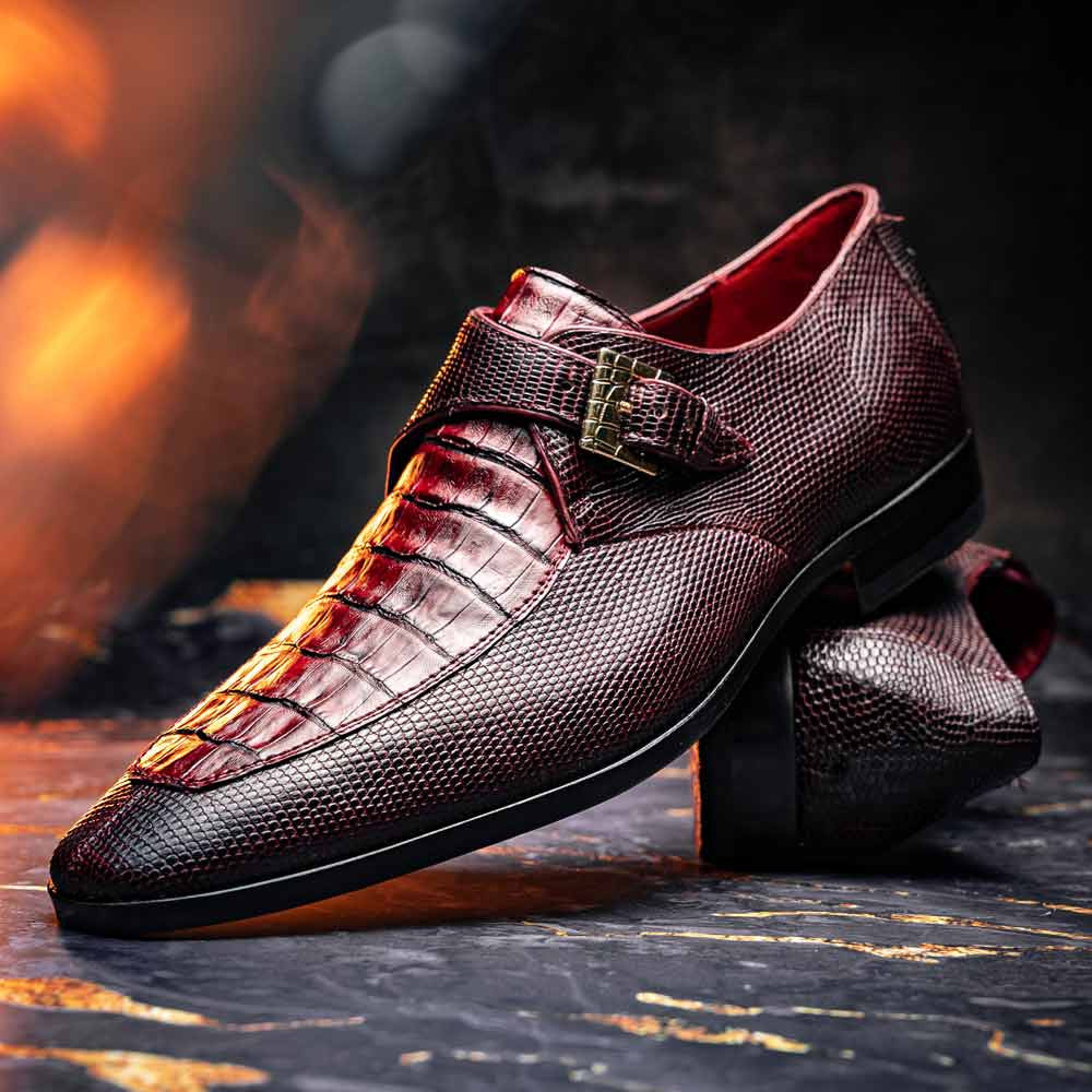 Toluca Genuine Crocodile and Lizard Skin Wine Monk Strap | Marco Di Milano