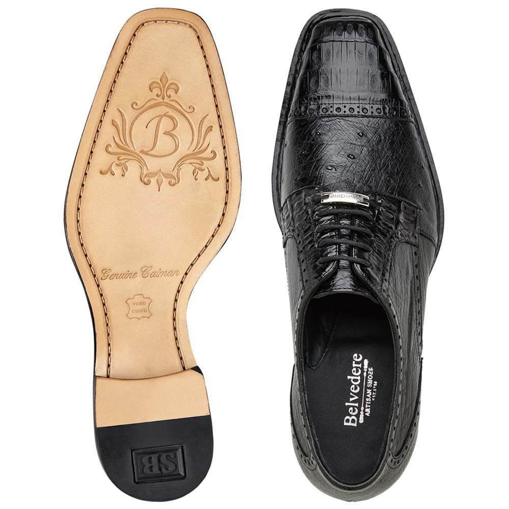 Belvedere Martino Black Caiman Crocodile & Ostrich Cap Toe Derby (US Men Size)