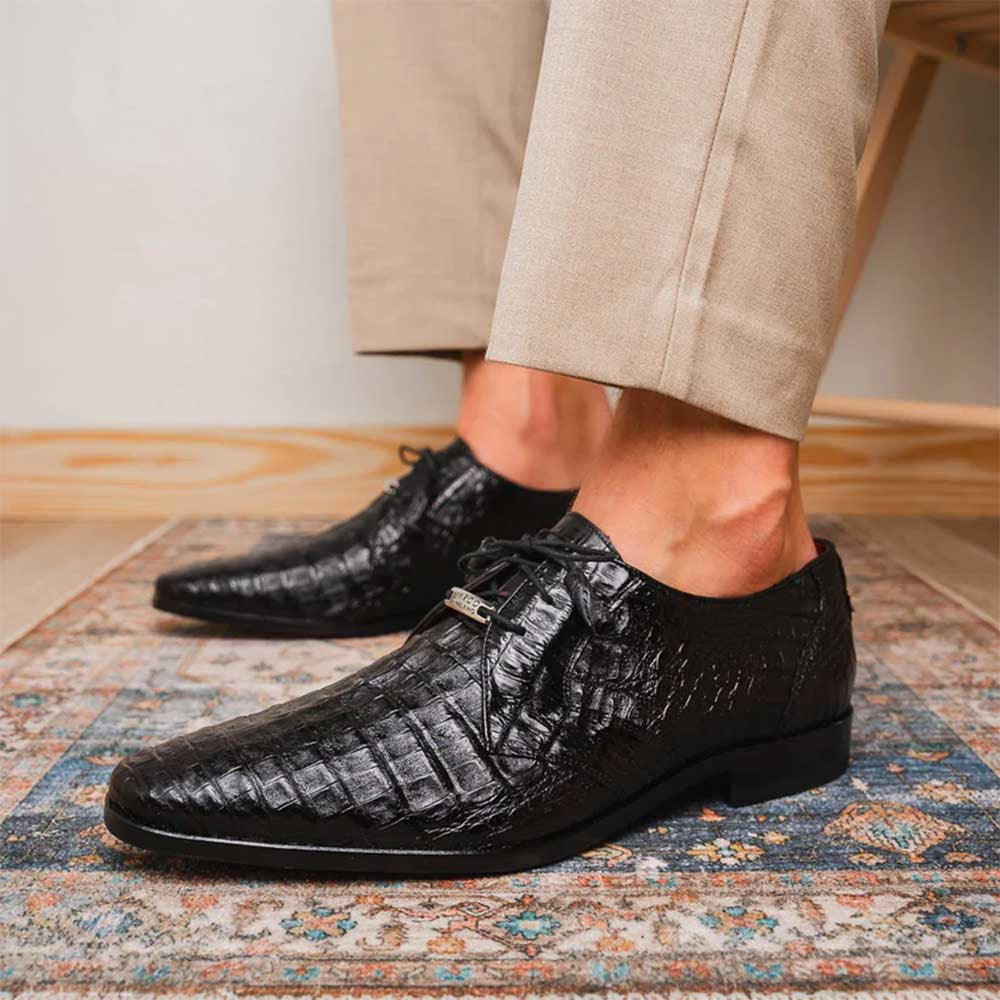 Lacio Men's Black Genuine Caiman Crocodile Black Derby Shoes | Marco Di Milano