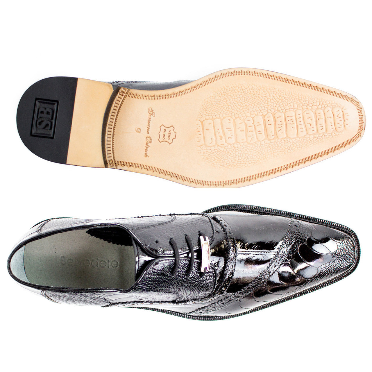 Belvedere Nino Men's Designer Oxford Black Eel Ostrich Shoe