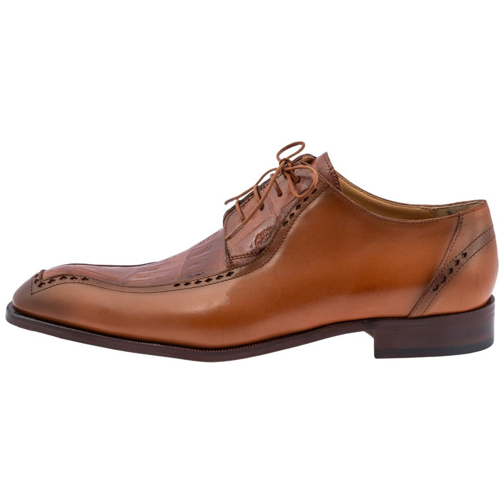 MAURI Shoes Men’s Derby Lace-Up Cognac Calfskin & Baby Crocodile Leather Luxury Dress Shoes