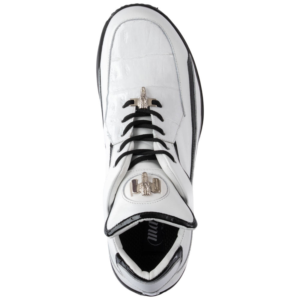 MAURI Shoes Men’s Boost Sneaker White & Black Calfskin, Baby Crocodile & Patent Leather Luxury Sneakers