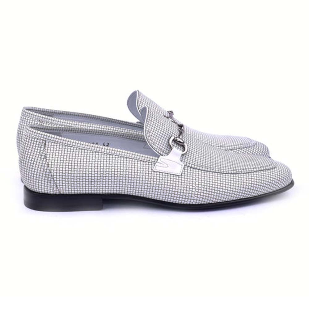 Corrente Men's White Leather Silver Horse Bit Buckle Loafers