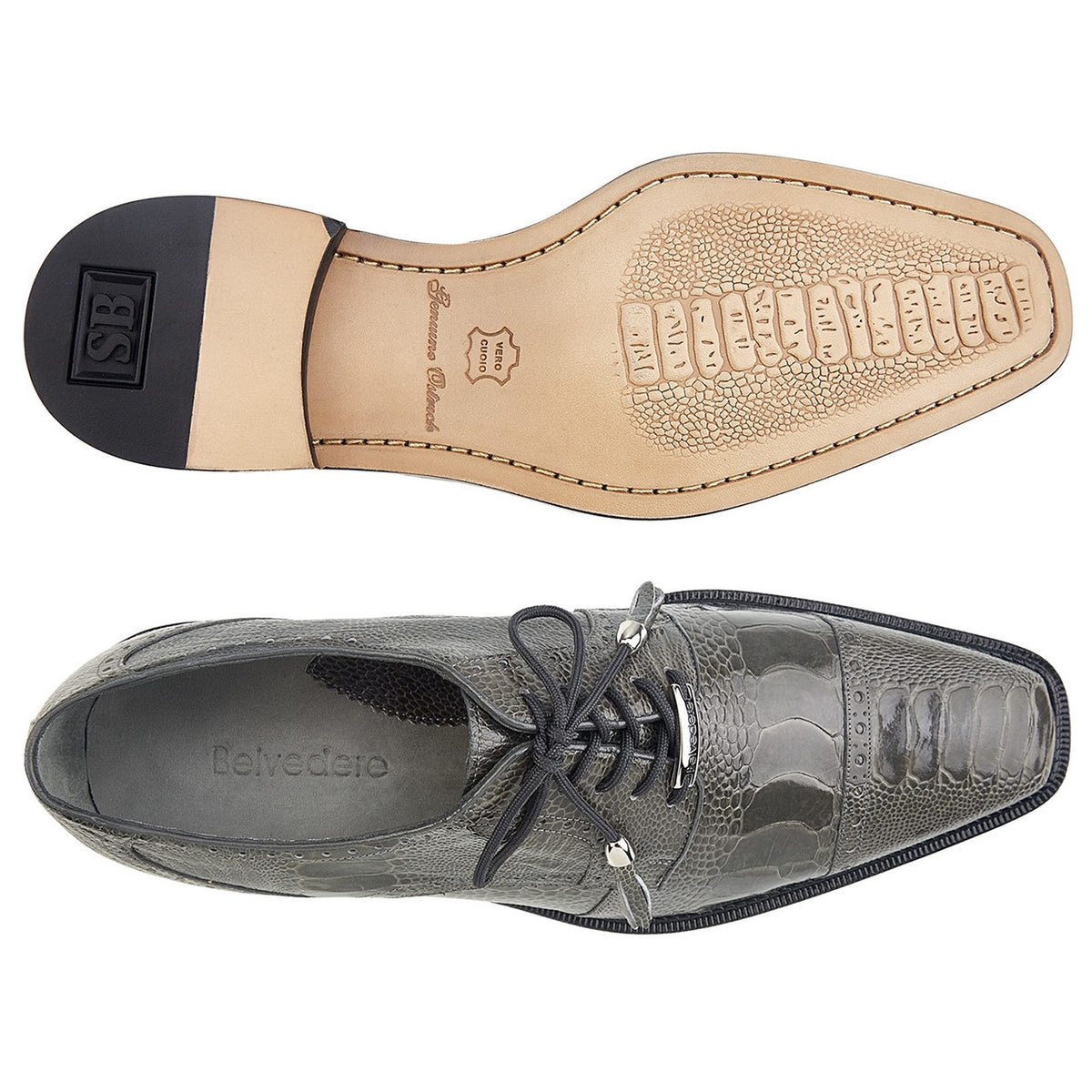 Belvedere Genuine Ostrich Skin Cap Toe Gray Men's Derby | Batta