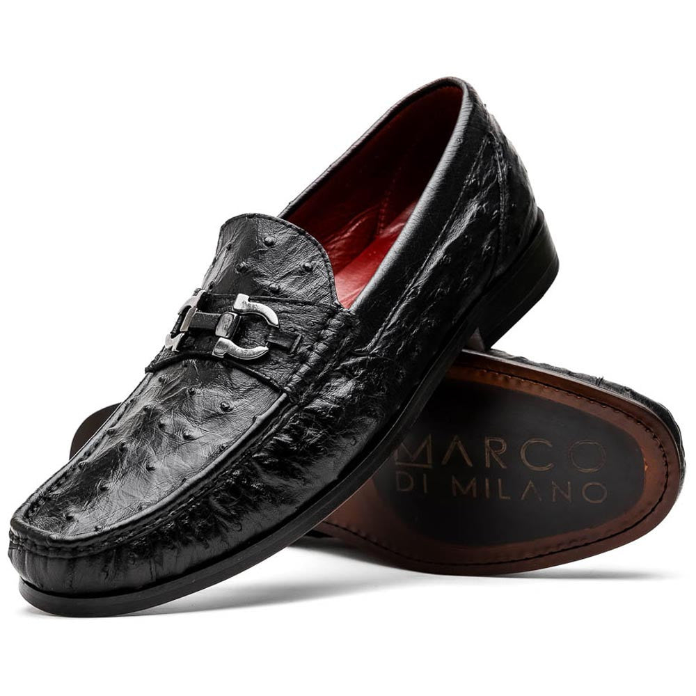 Ferrioni Black Men’s Genuine Ostrich Moc Toe Bit Loafers | Marco Di Milano