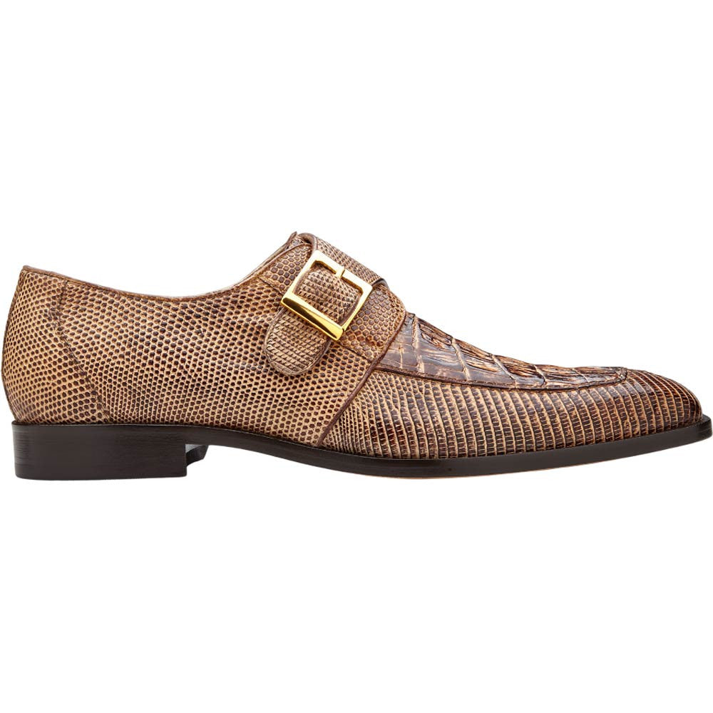 Belvedere Pablo Vintage Espresso Genuine Caiman & Lizard Monk Strap Shoes