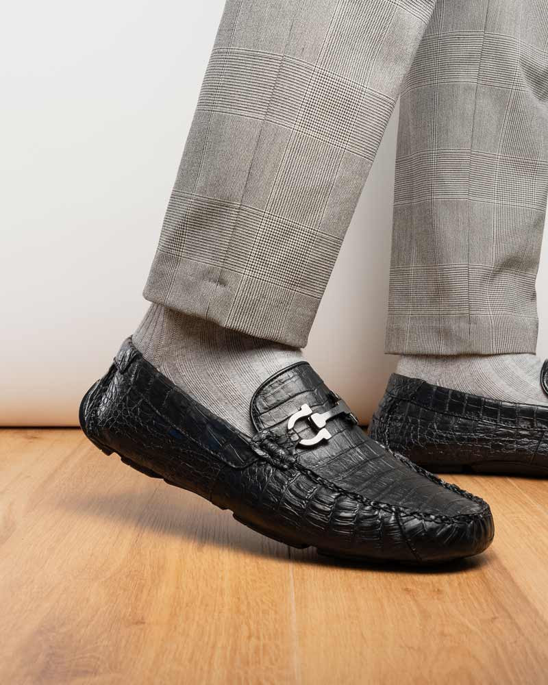 Marco Di Milano Parma Black Caiman Belly Bit Driving Loafers