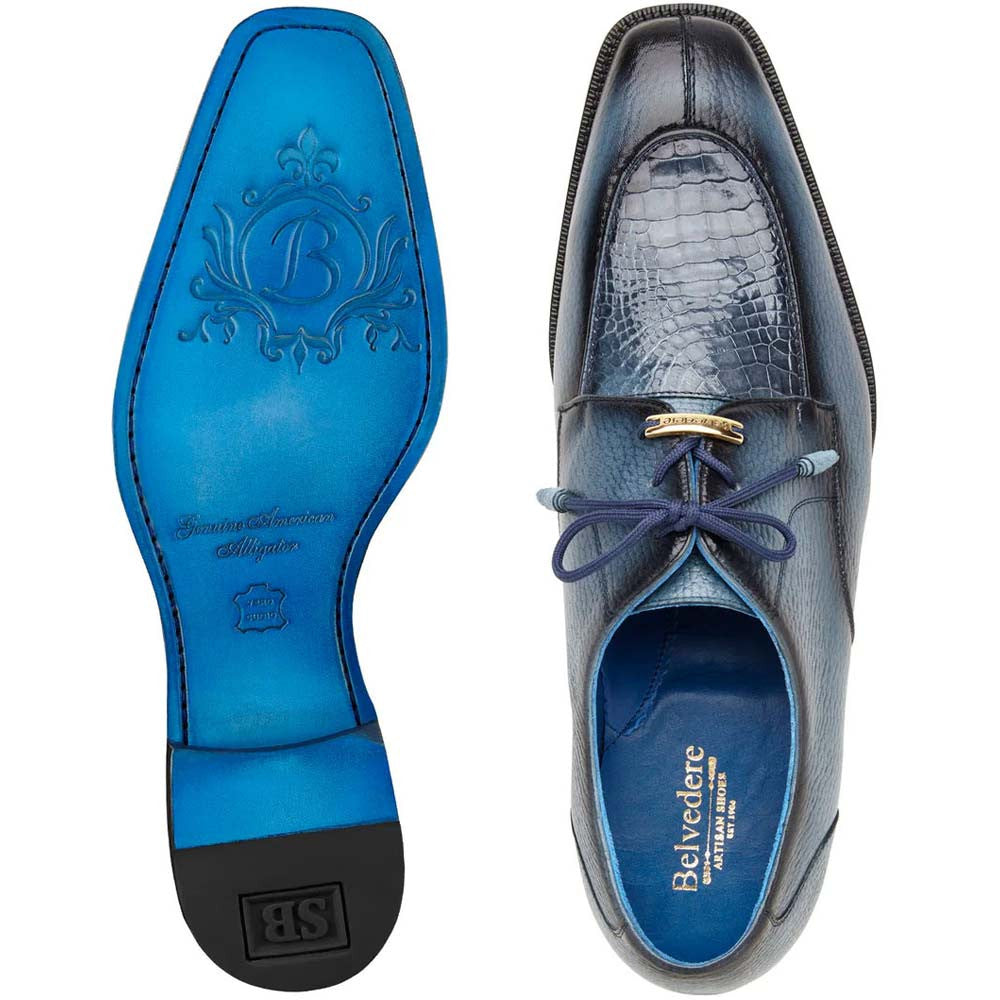 Belvedere Primo Blue Safari Men’s Genuine American Alligator & Pebble Grain Calf Lace-Up Shoes