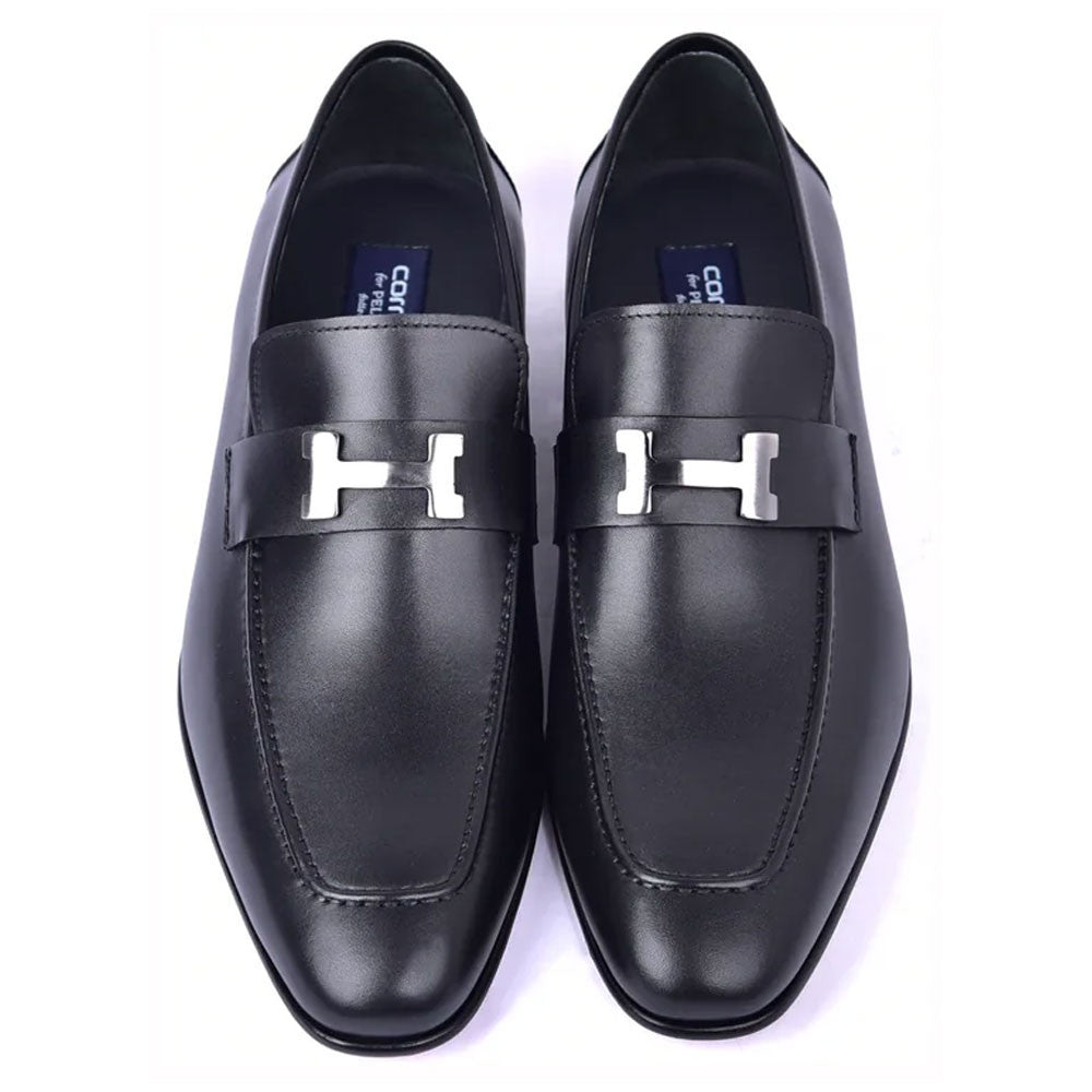 Corrente Men’s H Buckle French Calfskin Black Almond Toe Loafer