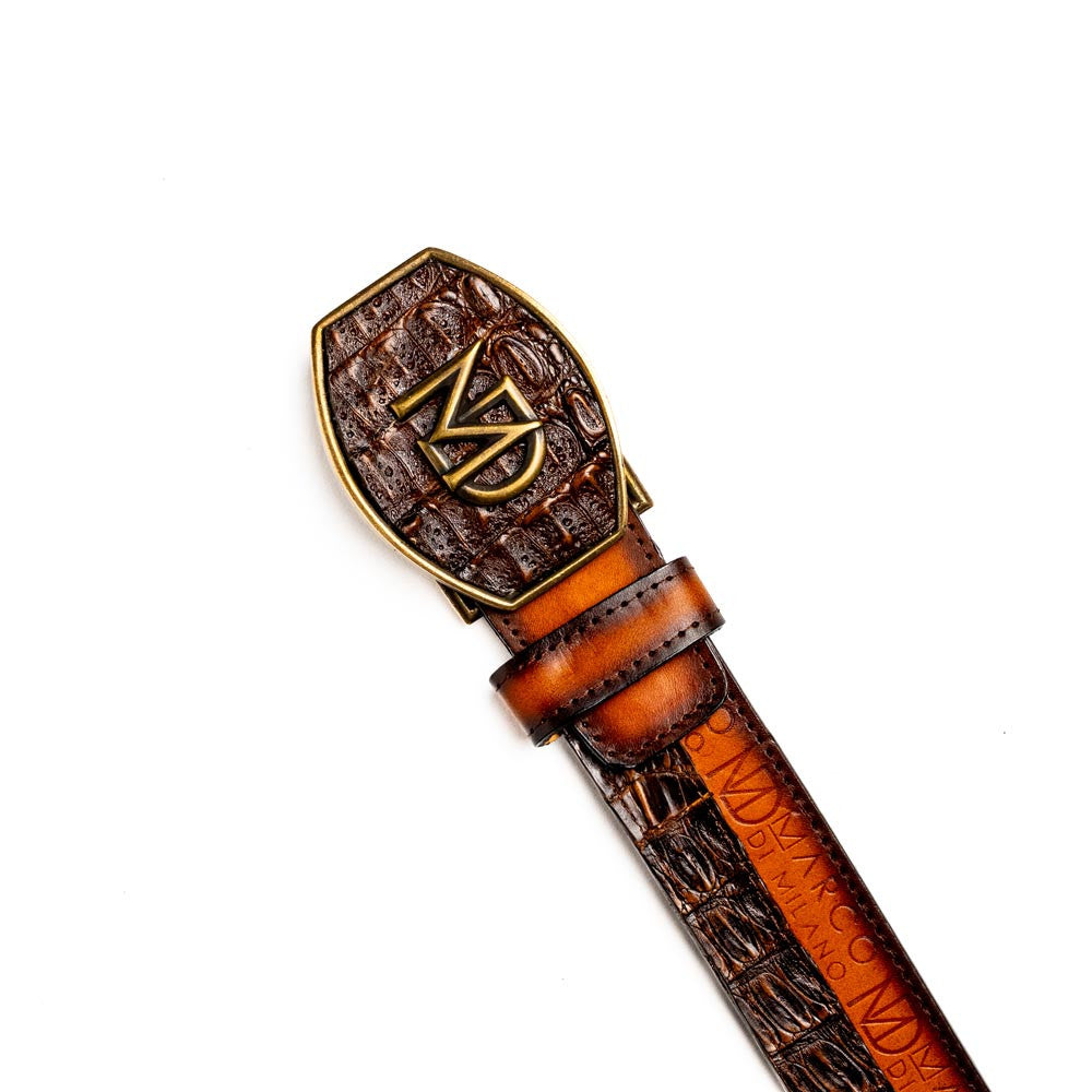Texas Genuine Caiman Crocodile Skin Belt in Aged Maple with Antique Western Buckle | Marco Di Milano Exotic Belt