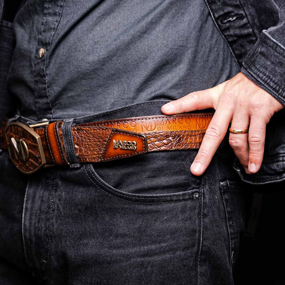 Texas Genuine Caiman Crocodile Skin Belt in Aged Maple with Antique Western Buckle | Marco Di Milano Exotic Belt
