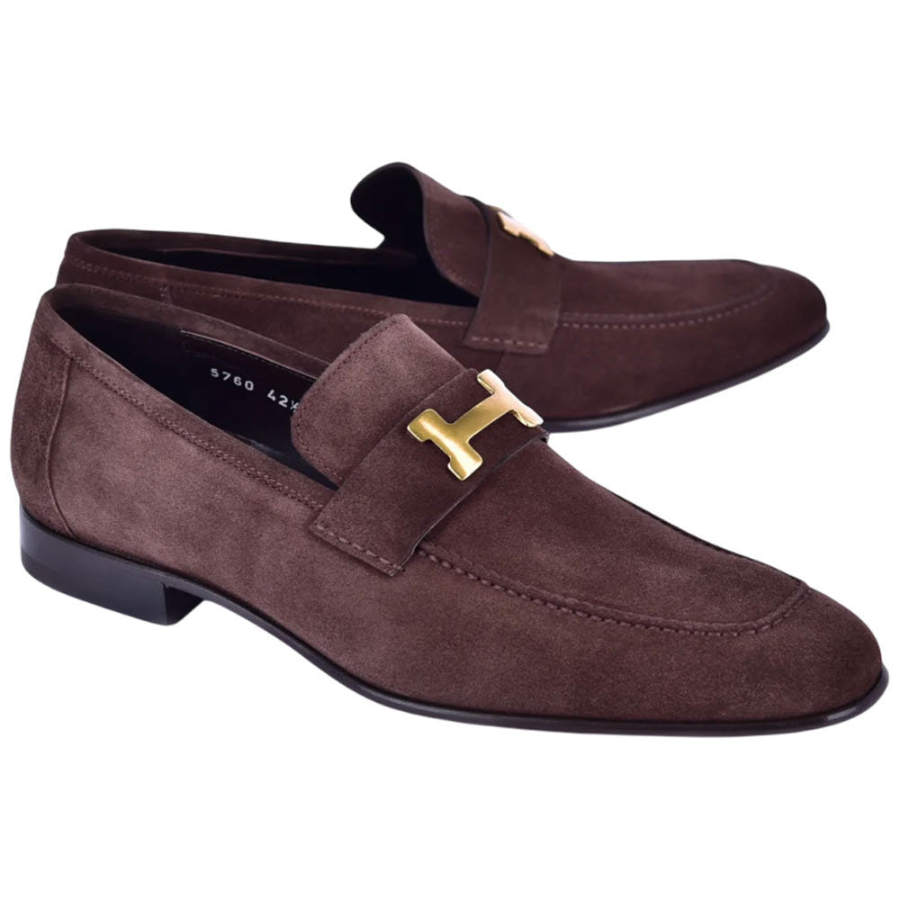 CORRENTE Brown Suede Men's Loafers with Leather Sole H Buckle