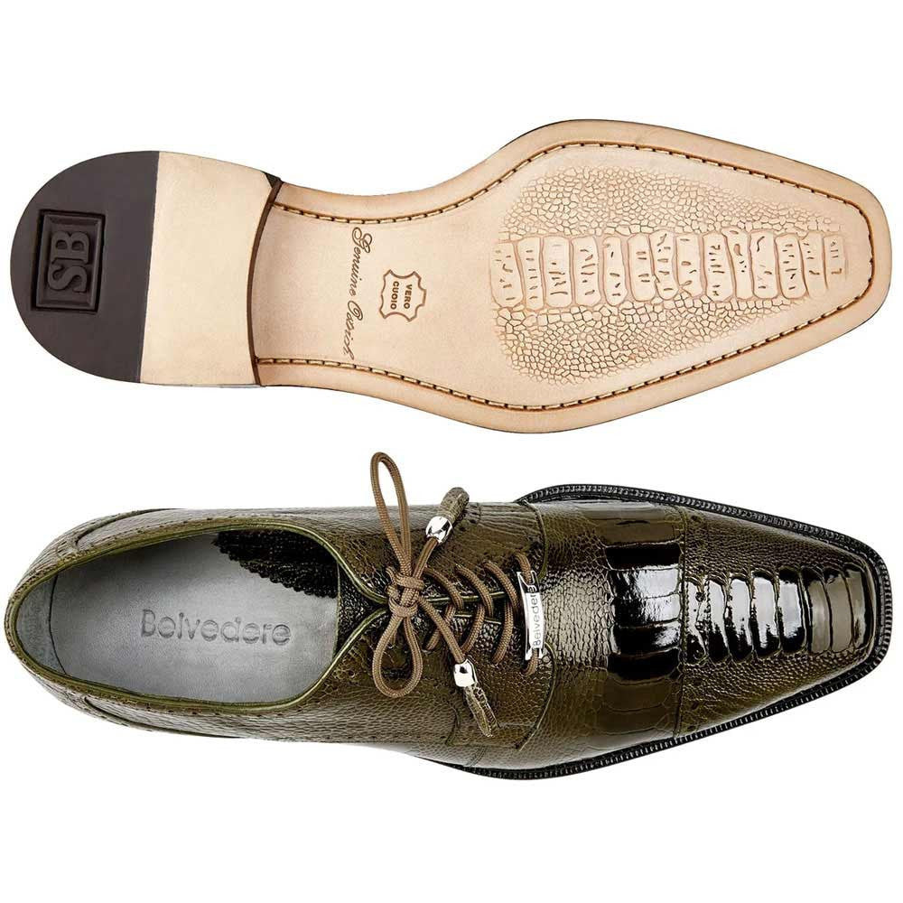 Belvedere Batta Olive Men's Genuine Ostrich Cap Toe Lace Up Shoes