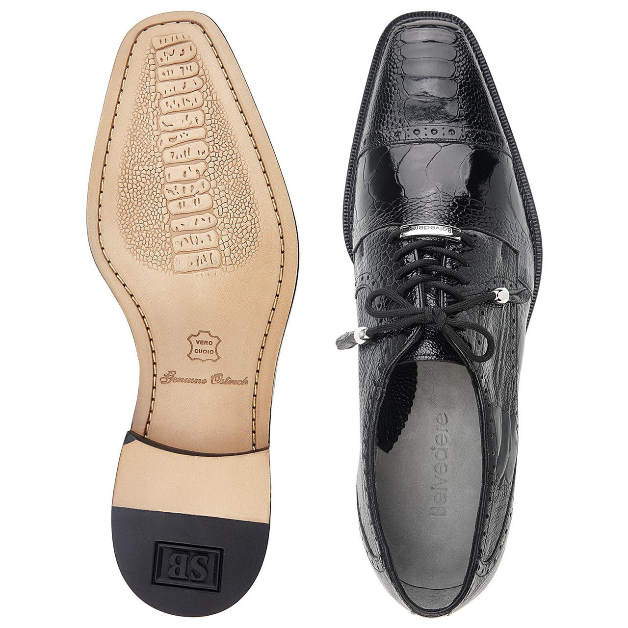 Belvedere Batta Black Men's Genuine Ostrich Cap Toe Lace Up Shoes