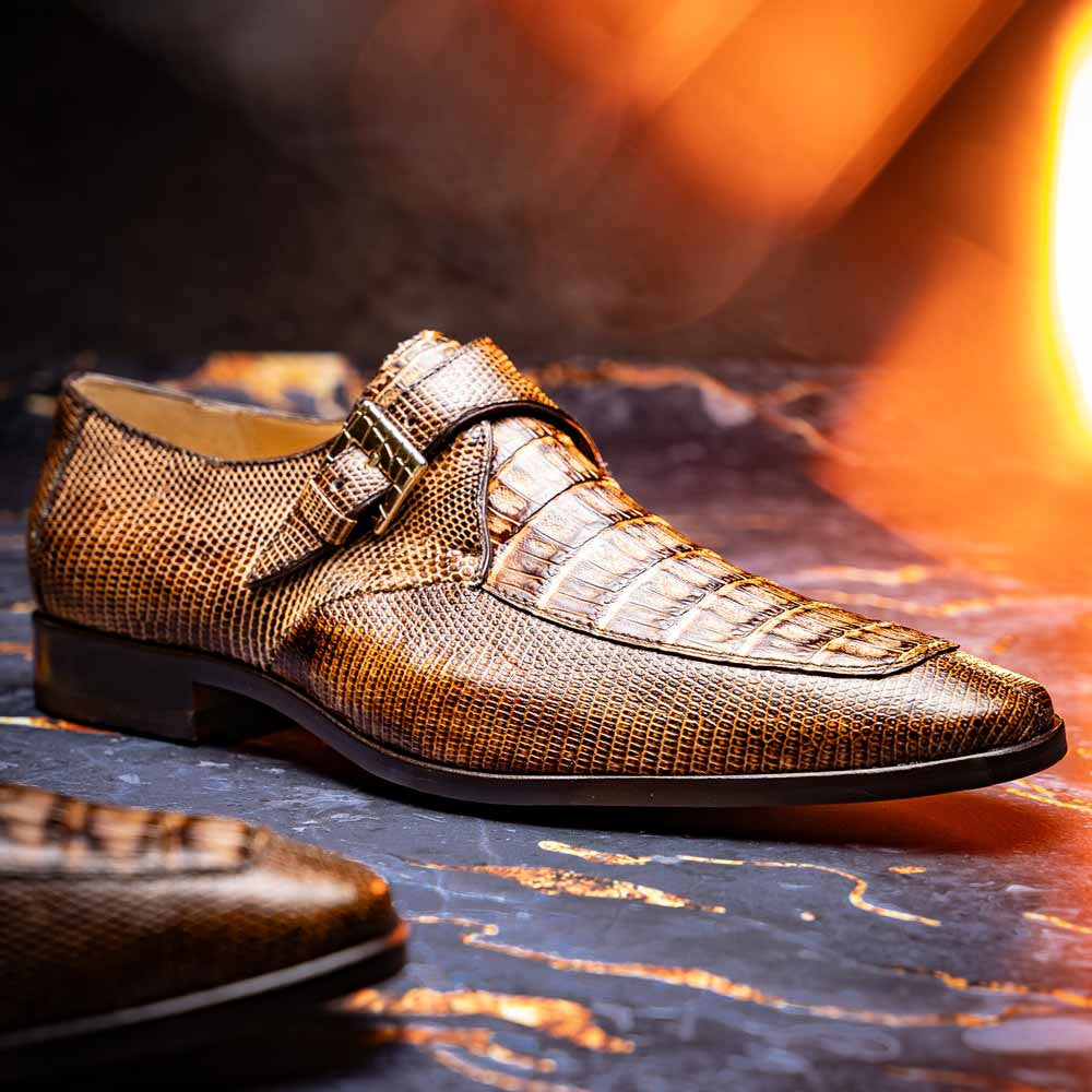 Toluca Genuine Crocodile and Lizard Skin Monk Strap | Marco Di Milano Exotic Dress Shoes in Rustic Orix