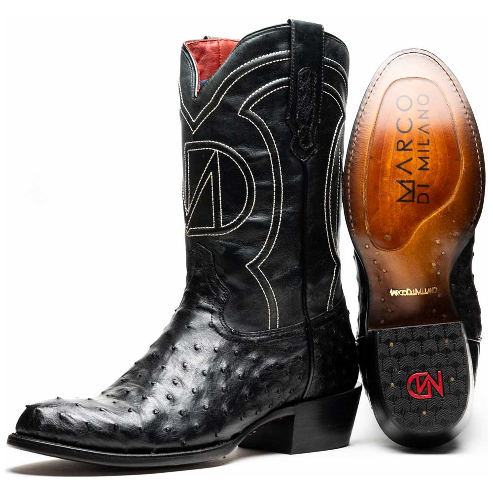 Savannah Genuine Full Quill Ostrich Skin Cowboy Black Boot | Marco Di Milano Western Boots