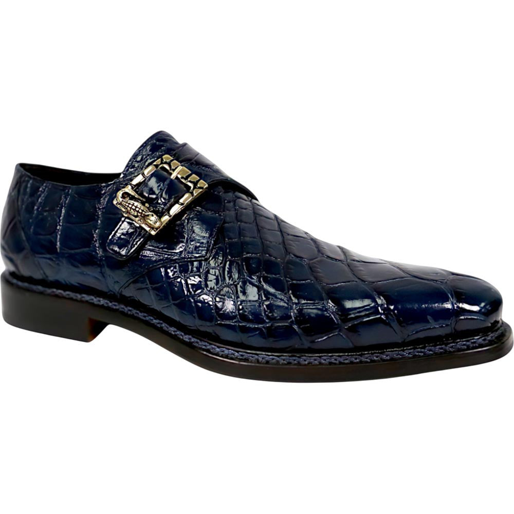 Mauri Shadow Men's Wonder Blue Exotic Alligator Single Monk-Strap Shoes