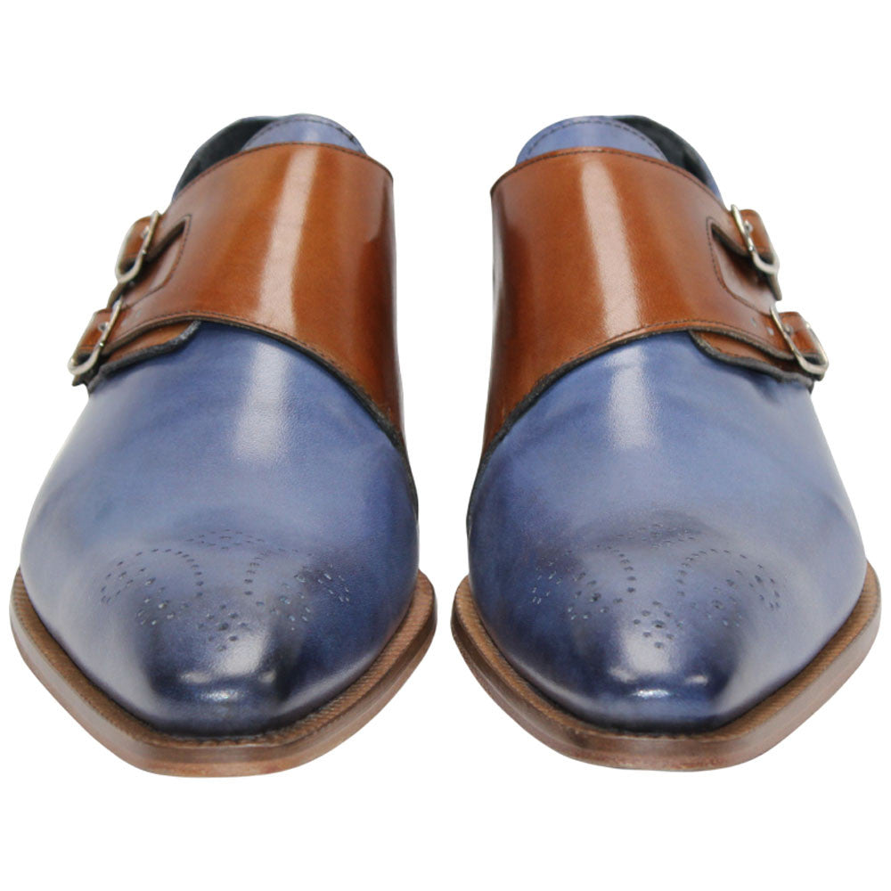Vergato Light Blue/Cognac Calfskin Leather Monkstraps Oxford | Duca Dress Shoes for Men
