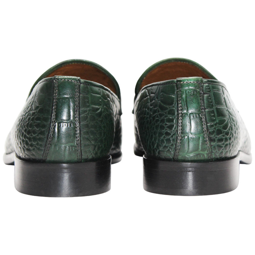 Duca Vasto Men's Green Croco Print Leather Loafers
