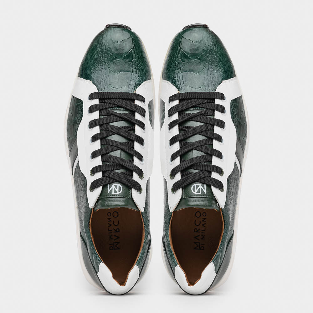 Marco Di Milano LYON Hand-Painted Two tone Green/White Ostrich & Calfskin Sneakers
