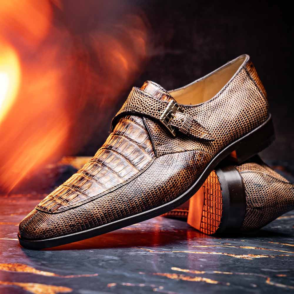 Toluca Genuine Crocodile and Lizard Skin Monk Strap | Marco Di Milano Exotic Dress Shoes in Rustic Orix
