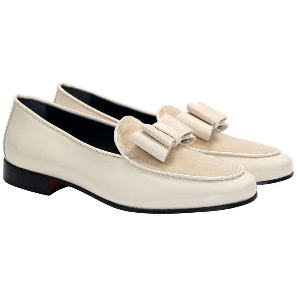 Amalfi Cream Velvet & Patent Leather Slip on | Duca Bow Dress Loafers
