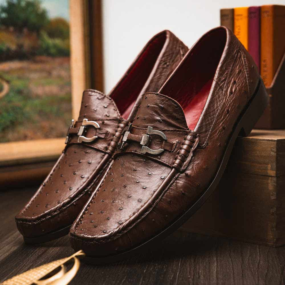 Ferrioni Kango Tabac Men’s Genuine Ostrich Moc Toe Bit Loafers | Marco Di Milano