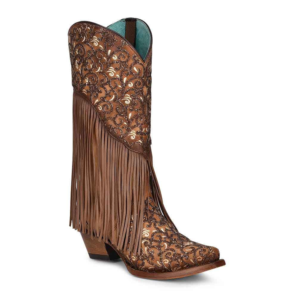 Corral Bone Honey and Lamb Overlay embroidered Fringe leather boots