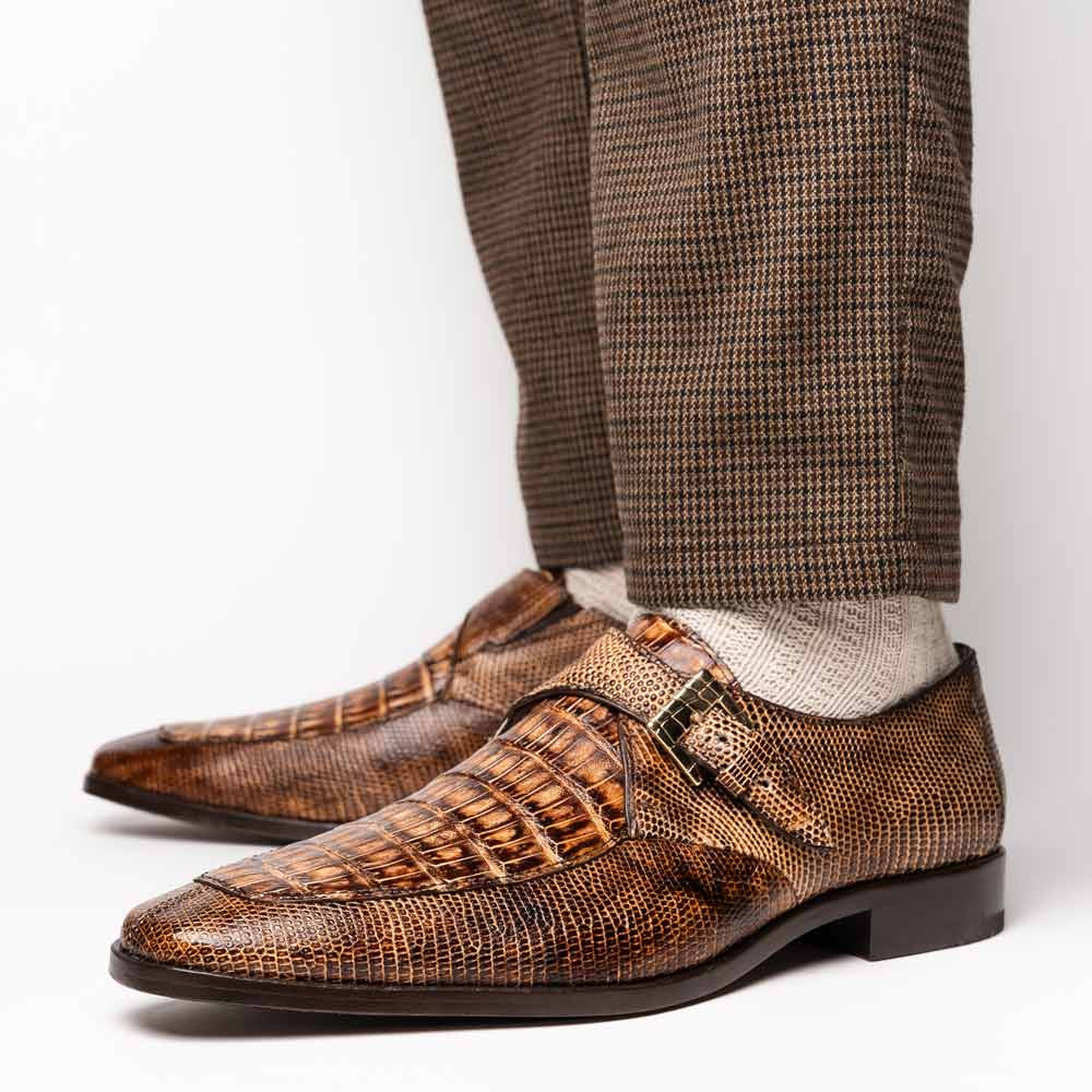 Toluca Genuine Crocodile and Lizard Skin Monk Strap | Marco Di Milano Exotic Dress Shoes in Rustic Orix