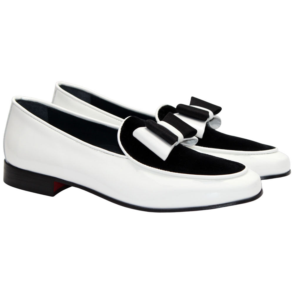 Amalfi White & Black Velvet & Patent Leather Slip on | Duca Bow Dress Loafers