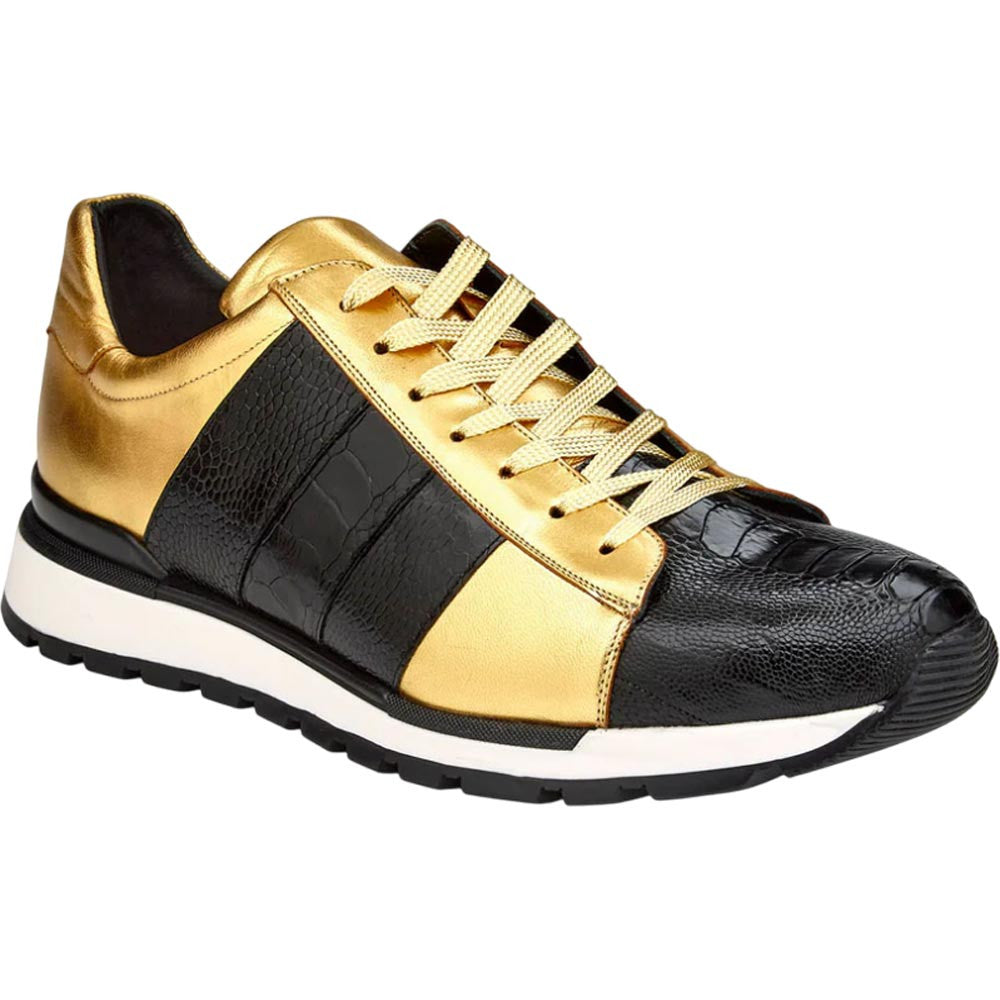 Belvedere Blake Black & Gold Fusion Exotic Ostrich/Calf-Skin Leather Sneakers