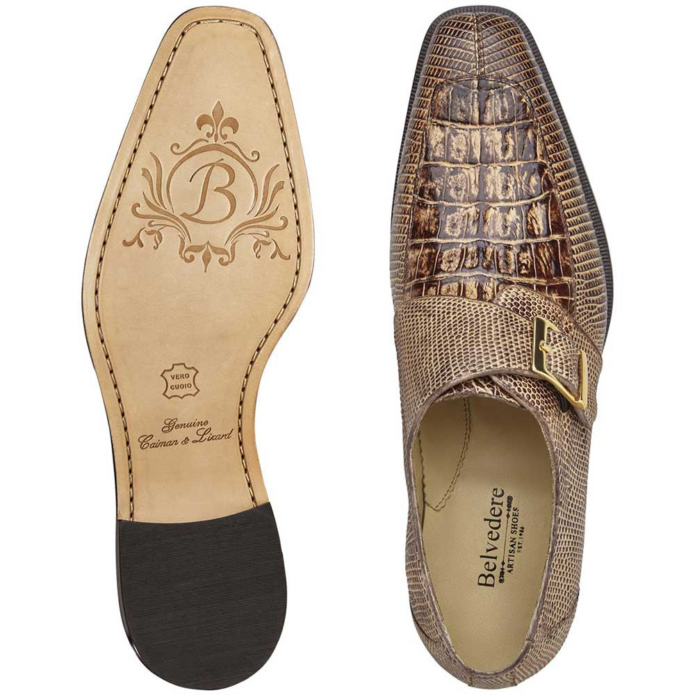 Belvedere Pablo Vintage Espresso Genuine Caiman & Lizard Monk Strap Shoes