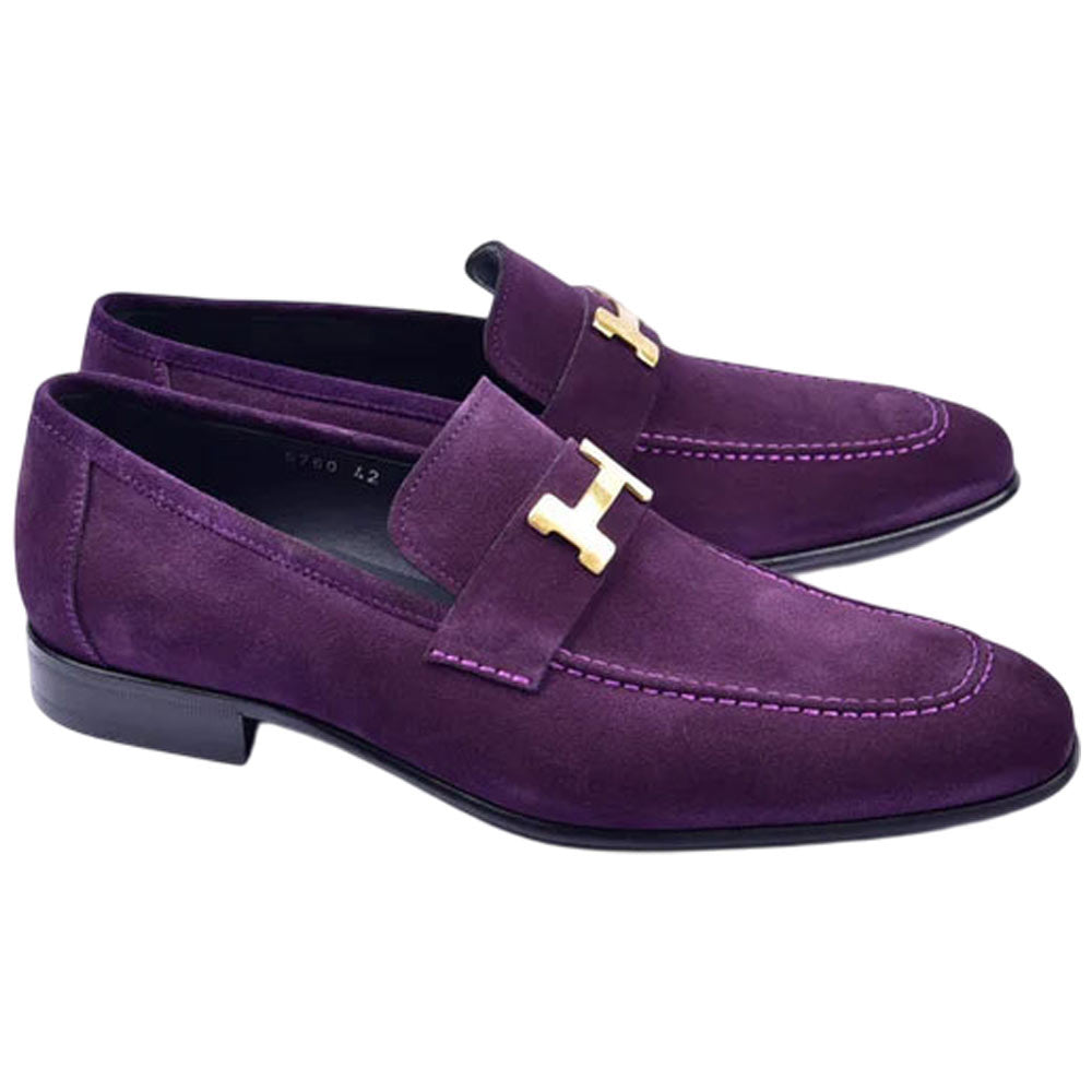 Corrente Men's Purple Soft Suede H Buckle Slip On Loafers